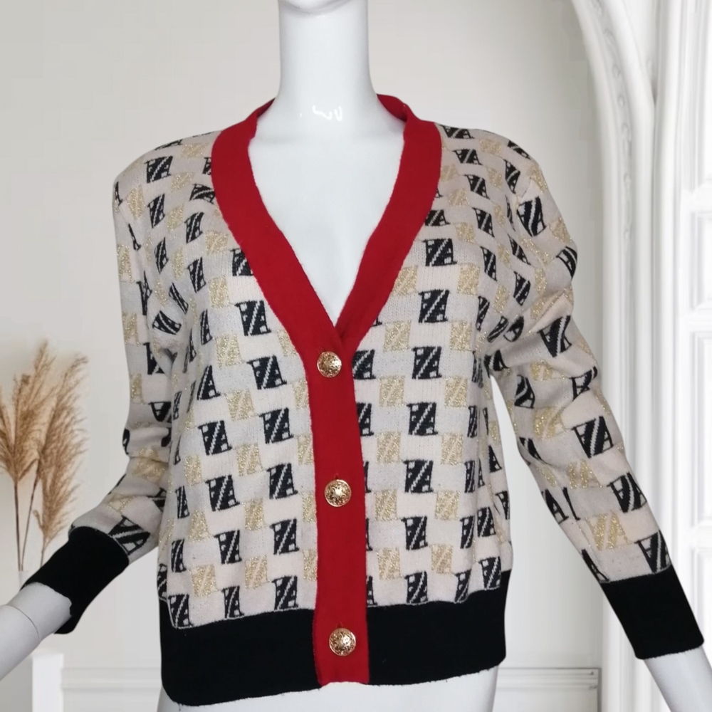 Elegant Women's Cardigan with Red, Black, and Gold Accents